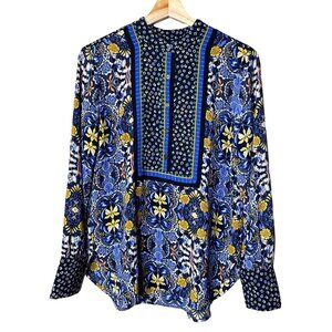 LOFT Floral Mixed Media Cornflower Blue Blouse Women's Size Medium